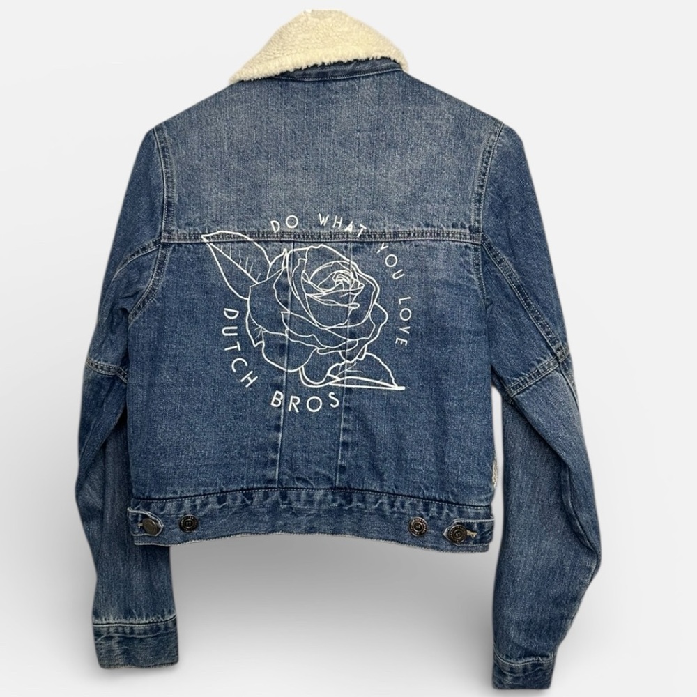Dutch Bros SMALL Denim with Sherpa Collar Jacket Unique+Rare “Do What You Love”
